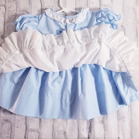 Vintage 80's Girls Double Layered Blue and White Ruffle Dress - Picture 5 of 6